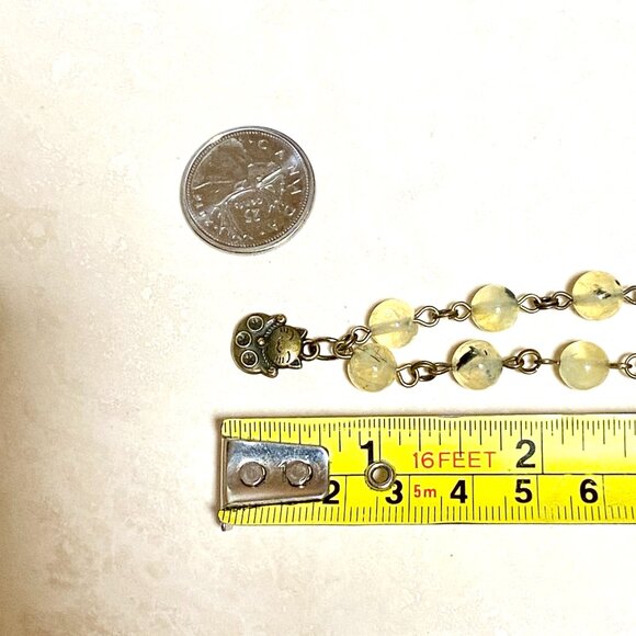 Natural Yellow Green Prehnite Necklace, Bronze Fortune Cat + Genuine Gemstone - Picture 14 of 16
